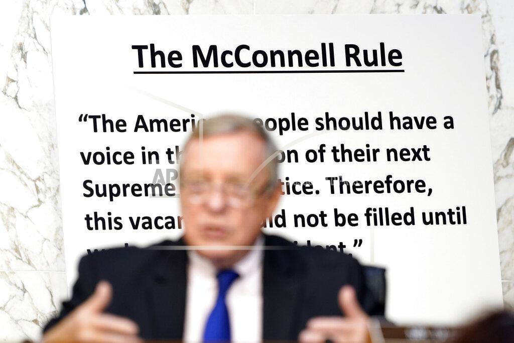 Susan Walsh Sen. Dick Durbin, D-Ill., speaks during the Senate Judiciary Committee confirmation hearing for Supreme Court nominee Amy Coney Barrett, Thursday, Oct. 15, 2020, on Capitol Hill in Washington. (AP Photo/Susan Walsh, Pool)