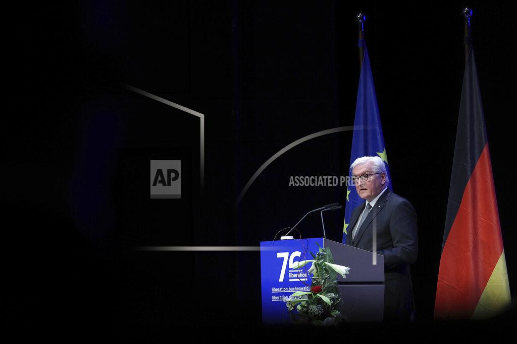 Ronny Hartmann German President Frank-Walter Steinmeiner delivers a speech during an event in Weimar, Germany, April 11, 2021 commemorating the liberation of the Buchenwald and Mittelbau-Dora concentration camps. On the 76th anniversary the liberation of the Buchenwald concentration camp, Germany’s president reminds his compatriots of the inconceivable atrocities that were committed at the Nazis’ camp during the Third Reich. (Ronny Hartmann/Pool Photo via AP)