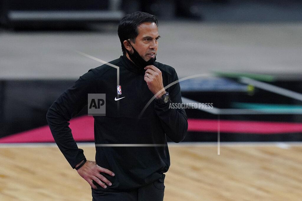 Eric Gay Miami Heat Erik Spoelstra talks to his players during the second half of an NBA basketball game against the San Antonio Spurs in San Antonio, Wednesday, April 21, 2021. (AP Photo/Eric Gay)