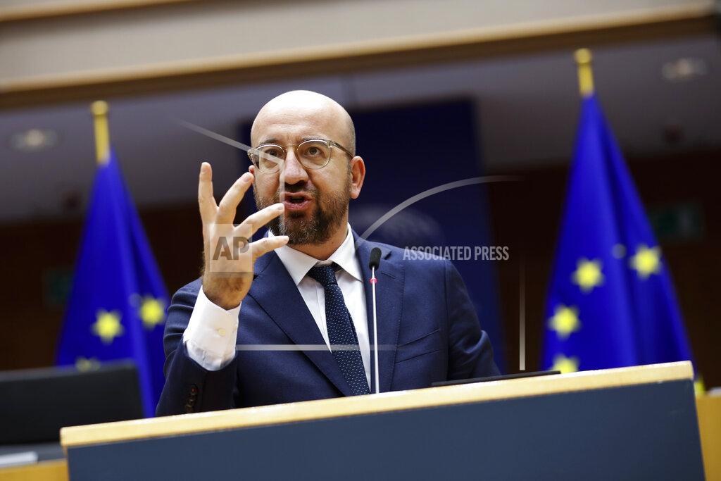 Francisco Seco European Council President Charles Michel addresses European lawmakers during a plenary session on the inauguration of the new President of the United States and the current political situation, at the European Parliament in Brussels, Wednesday, Jan. 20, 2021. (AP Photo/Francisco Seco, Pool)