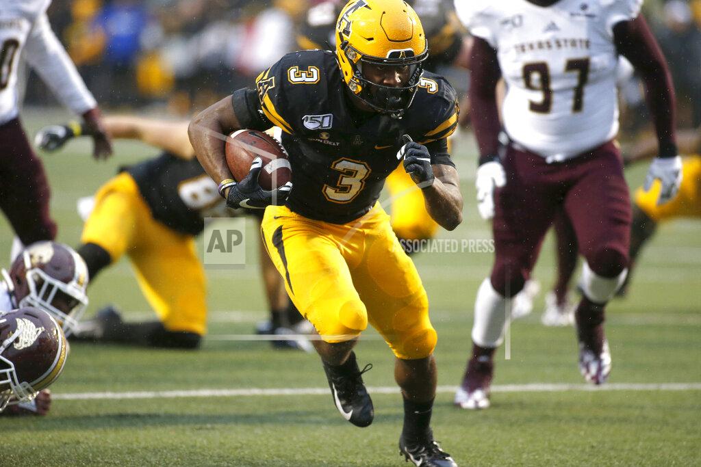 Brian Blanco Appalachian State running back Darrynton Evans (3) runs for a touchdown during the second half of an NCAA college football game against Texas State Saturday, Nov. 23, 2019, in Boone, N.C. (AP Photo/Brian Blanco)