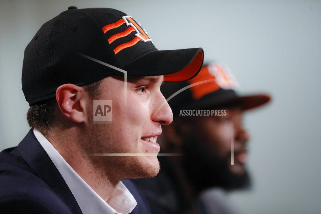 John Minchillo Cincinnati Bengals football second round NFL draft pick Drew Sample speaks during a news conference at Paul Brown Stadium, Saturday, April 27, 2019, in Cincinnati. (AP Photo/John Minchillo)