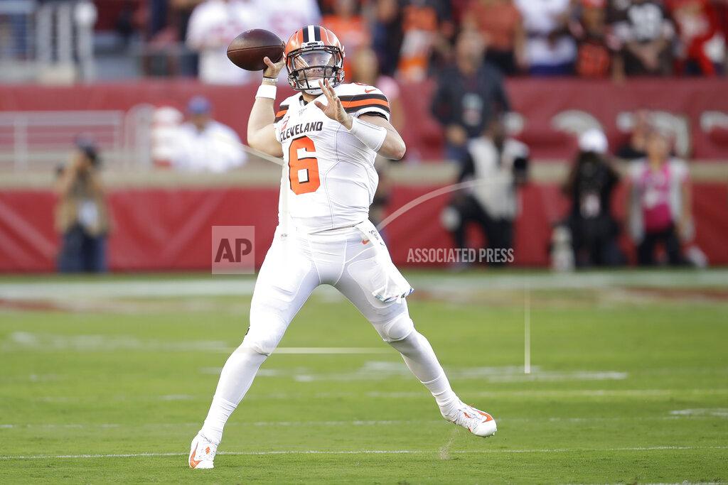 Ben Margot Cleveland Browns quarterback Baker Mayfield (6) passes against the San Francisco 49ers during the first half of an NFL football game in Santa Clara, Calif., Monday, Oct. 7, 2019. (AP Photo/Ben Margot)