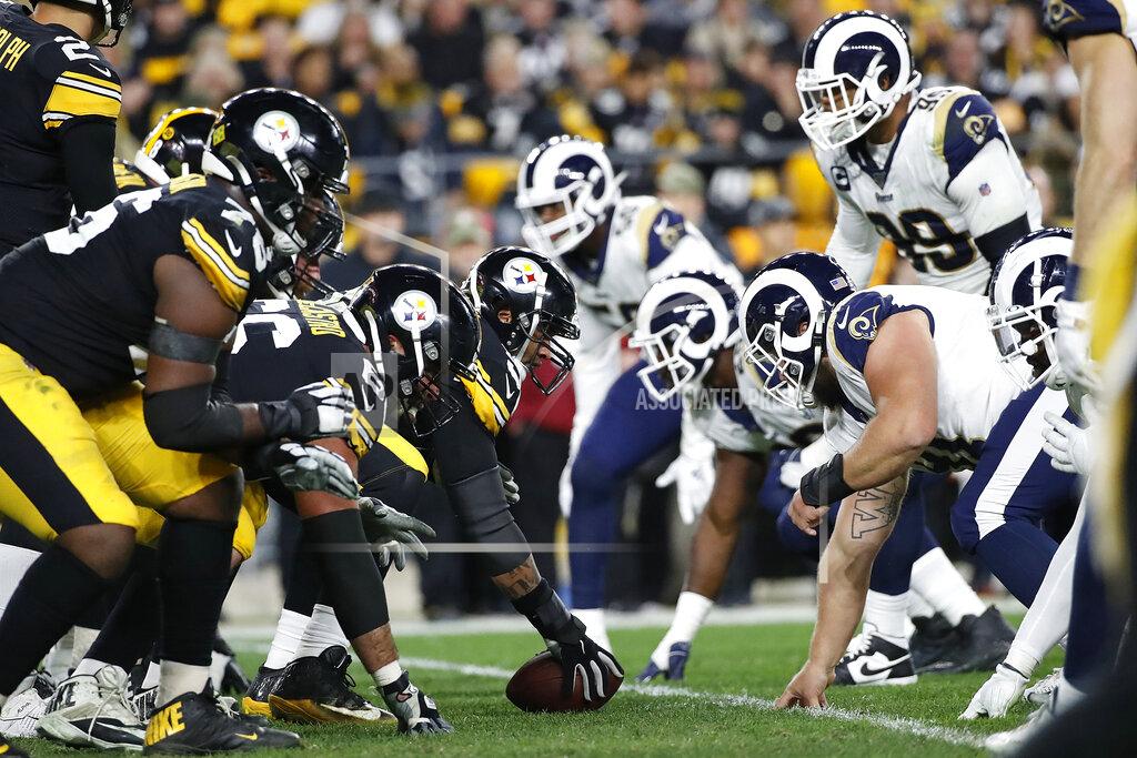 Don Wright The Steelers offense, left, lines up against the Los Angeles Rams' defense during the first half of an NFL football game in Pittsburgh, Sunday, Nov. 10, 2019. (AP Photo/Don Wright)