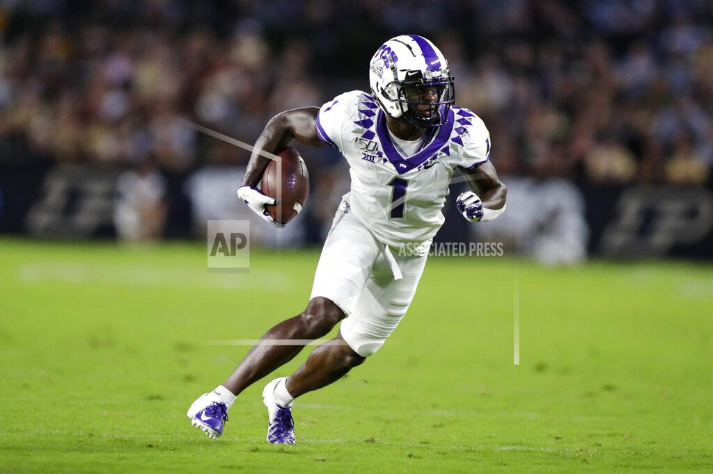 Michael Conroy TCU wide receiver Jalen Reagor runs after a catch against Purdue during the first half of an NCAA college football game in West Lafayette, Ind., Saturday, Sept. 14, 2019. (AP Photo/Michael Conroy)