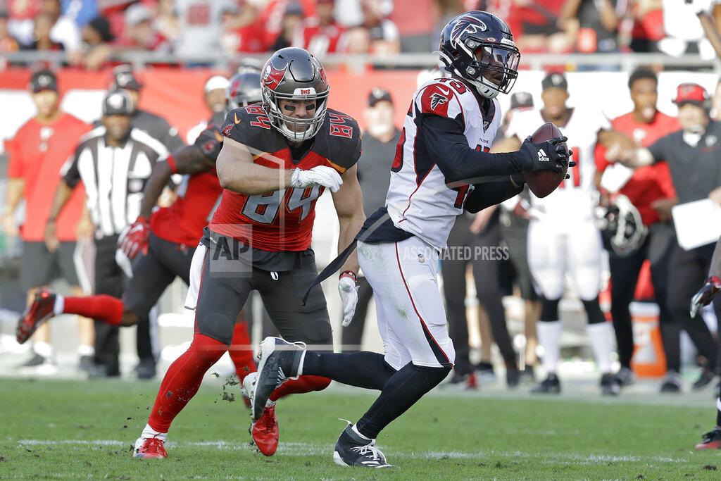 Chris O'meara Atlanta Falcons linebacker Deion Jones (45) intercepts a pass by Tampa Bay Buccaneers quarterback Jameis Winston intended for tight end Cameron Brate (84) and returns it for the game-winning touchdown during the overtime of an NFL football game Sunday, Dec. 29, 2019, in Tampa, Fla. (AP Photo/Chris O'Meara)