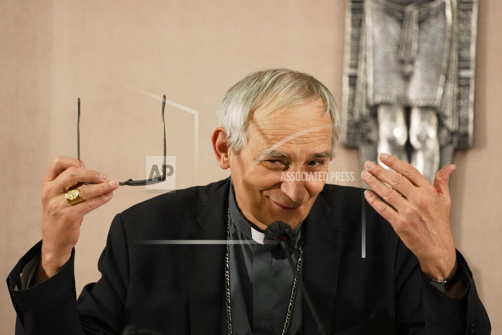 Alessandra Tarantino Cardinal Matteo Zuppi, the new head of the Italian bishops conference, talks during a press conference in Rome, Friday, May 27, 2022. Pope Francis named a bishop in his own image, Cardinal Matteo Zuppi, as the new head of the Italian bishops conference, as the Italian Catholic Church comes under mounting pressure to confront its legacy of clerical sexual abuse with an independent inquiry. (AP Photo/Alessandra Tarantino)