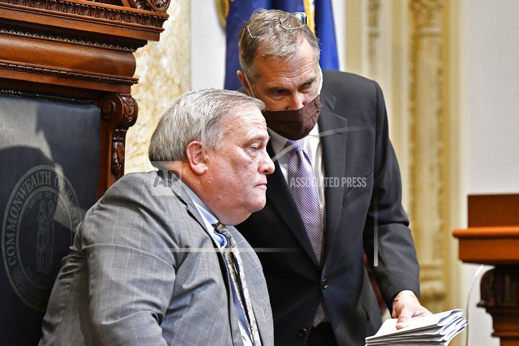 Timothy D. Easley Kentucky Senate President Robert Stivers, left, speaks with a clerk during the opening day of the Kentucky State Legislature special session in Frankfort, Ky., Tuesday, Sept. 7, 2021. (AP Photo/Timothy D. Easley)