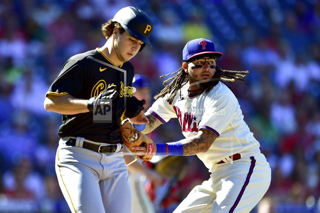 Derik Hamilton Philadelphia Phillies' Freddy Galvis, right, tags out Pittsburgh Pirates' Max Kranick (45) during the fourth inning of a baseball game, Sunday, Sept. 26, 2021, in Philadelphia. (AP Photo/Derik Hamilton)
