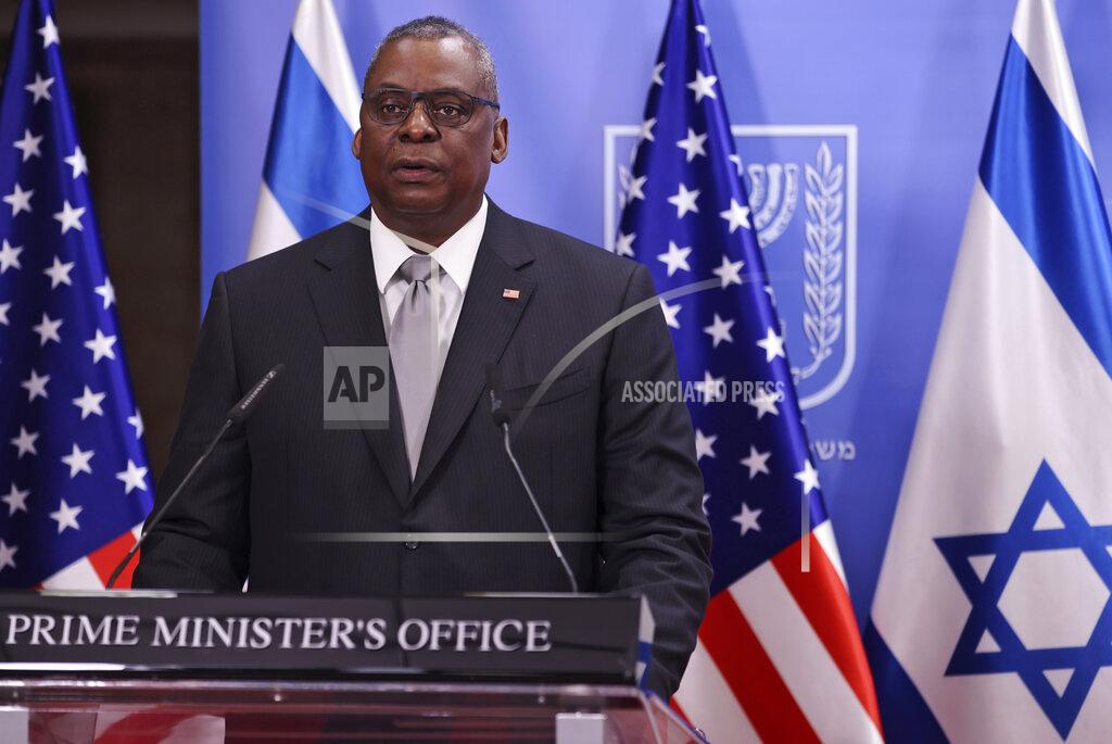 Menahem Kahana U.S. Defense Secretary Lloyd Austin and Israeli Prime Minister Benjamin Netanyahu give statements after their meeting, at the prime minister's office, in Jerusalem, Monday, April 12, 2021. (Menahem Kahana/Pool via AP)