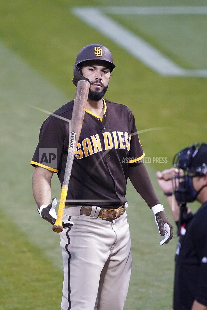 Tony Avelar San Diego Padres' Eric Hosmer (30) tosses his bat after striking out during the fourth inning of a baseball game against the Oakland Athletics in Oakland, Calif., Friday, Sept. 4, 2020. (AP Photo/Tony Avelar)