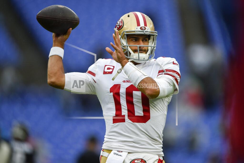 Gail Burton San Francisco 49ers quarterback Jimmy Garoppolo warms up on the field before the start of an NFL football game against the Baltimore Ravens, Sunday, Dec. 1, 2019, in Baltimore, Md. (AP Photo/Gail Burton)