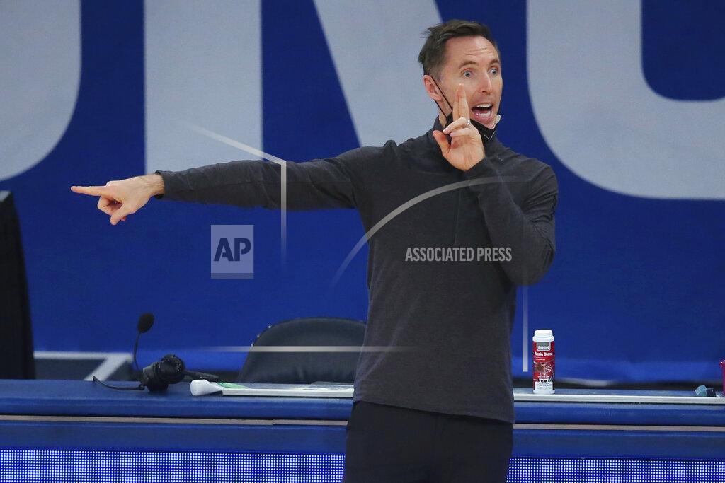 Brad Penner Brooklyn Nets coach Steve Nash points during the third quarter of the team's NBA basketball game against the New York Knicks on Wednesday, Jan. 13, 2021, in New York. (Brad Penner/Pool Photo via AP)