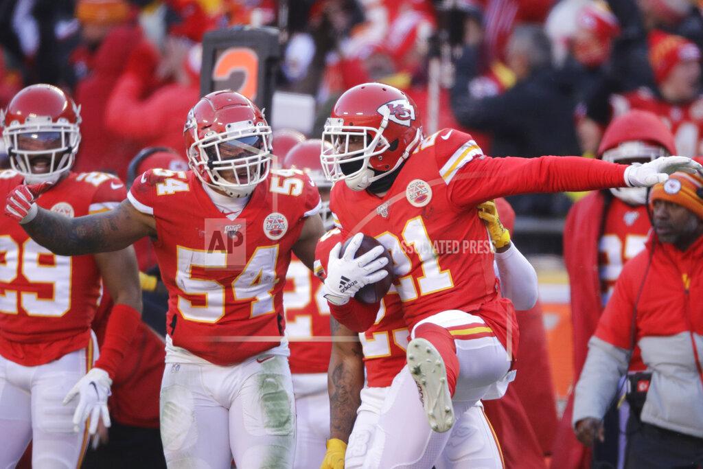 Charlie Riedel Kansas City Chiefs' Bashaud Breeland (21) celebrates after an interception during the first half of the NFL AFC Championship football game against the Tennessee Titans Sunday, Jan. 19, 2020, in Kansas City, MO. (AP Photo/Charlie Riedel)