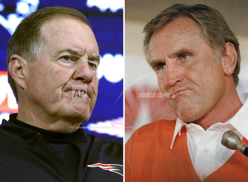 Uncredited FILE - At left, in a Dec. 29, 2019, file photo, New England Patriots head coach Bill Belichick speaks to the media following an NFL football game against the Miami Dolphins in Foxborough, Mass. At right, in a Jan. 30, 1983, file photo, Miami Dolhins head coach Don Shula reacts as he talks to reporters after losing to the Washington Redskins in Super Bowl 17 in Pasadena, Calif. Among Pro Football Hall of Fame coach Don Shula's many achievements, his 347 victories with the Baltimore Colts and Miami Dolphins stood out. But now Shula's gone, and the title of winningest coach is in jeopardy. Belichick easily leads all active coaches with 304 victories in 25 seasons and is still going strong with the Patriots. (AP Photo/File)