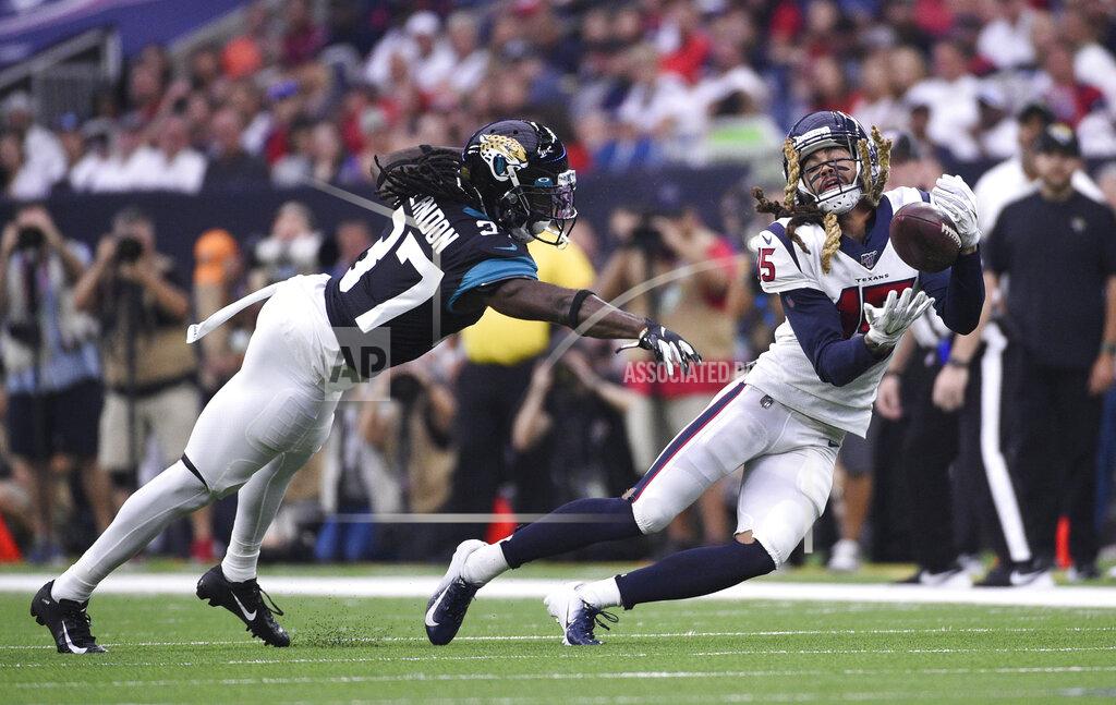 Eric Christian Smith Houston Texans wide receiver Will Fuller (15) makes a catch in front of Jacksonville Jaguars cornerback Tre Herndon (37) during the first half of an NFL football game Sunday, Sept. 15, 2019, in Houston. (AP Photo/Eric Christian Smith)