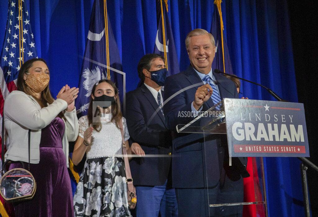 Tracy Glantz Sen. Lindsey Graham, R-S.C., smiles after his re-election, Tuesday, Nov. 3, 2020, in Columbia, S.C. (Tracy Glantz/The State via AP)