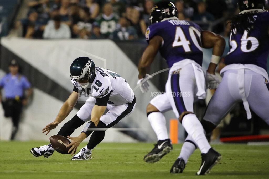 Matt Rourke Philadelphia Eagles' Josh McCown chases down the ball during the first half of a preseason NFL football game against the Baltimore Ravens, Thursday, Aug. 22, 2019, in Philadelphia. (AP Photo/Matt Rourke)