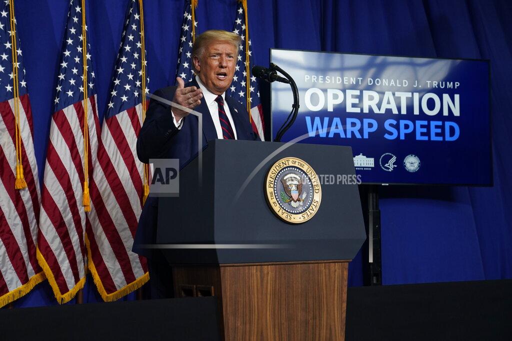 President Donald Trump speaks during a coronavirus briefing at Bioprocess Innovation Center at Fujifilm Diosynth Biotechnologies, Monday, July 27, 2020, in Morrisville, N.C. (AP Photo/Evan Vucci)