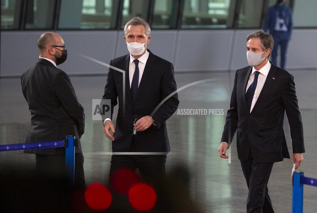 Virginia Mayo U.S. Secretary of State Antony Blinken, right, walks with NATO Secretary General Jens Stoltenberg, center, prior to addressing a media conference at a meeting of NATO foreign ministers at NATO headquarters in Brussels on Tuesday, March 23, 2021. (AP Photo/Virginia Mayo, Pool)