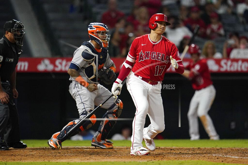 Marcio Jose Sanchez Los Angeles Angels' Shohei Ohtani (17) strikes out during the sixth inning of a baseball game against the Houston Astros, Monday, Sept. 20, 2021, in Anaheim, Calif. (AP Photo/Marcio Jose Sanchez)