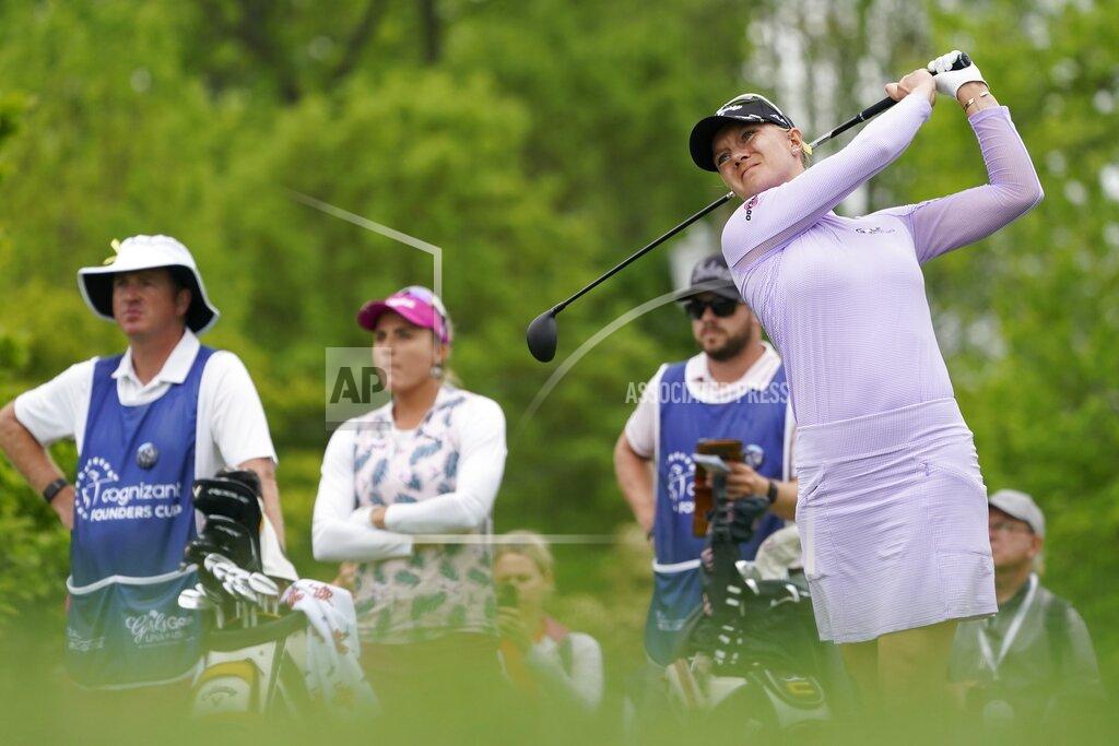John Minchillo Madelene Sagstrom, of Sweden, tees off on the second hole during the third round of the LPGA Cognizant Founders Cup golf tournament, Saturday, May 14, 2022, at the Upper Montclair Country Club in Clifton, N.J. (AP Photo/John Minchillo)