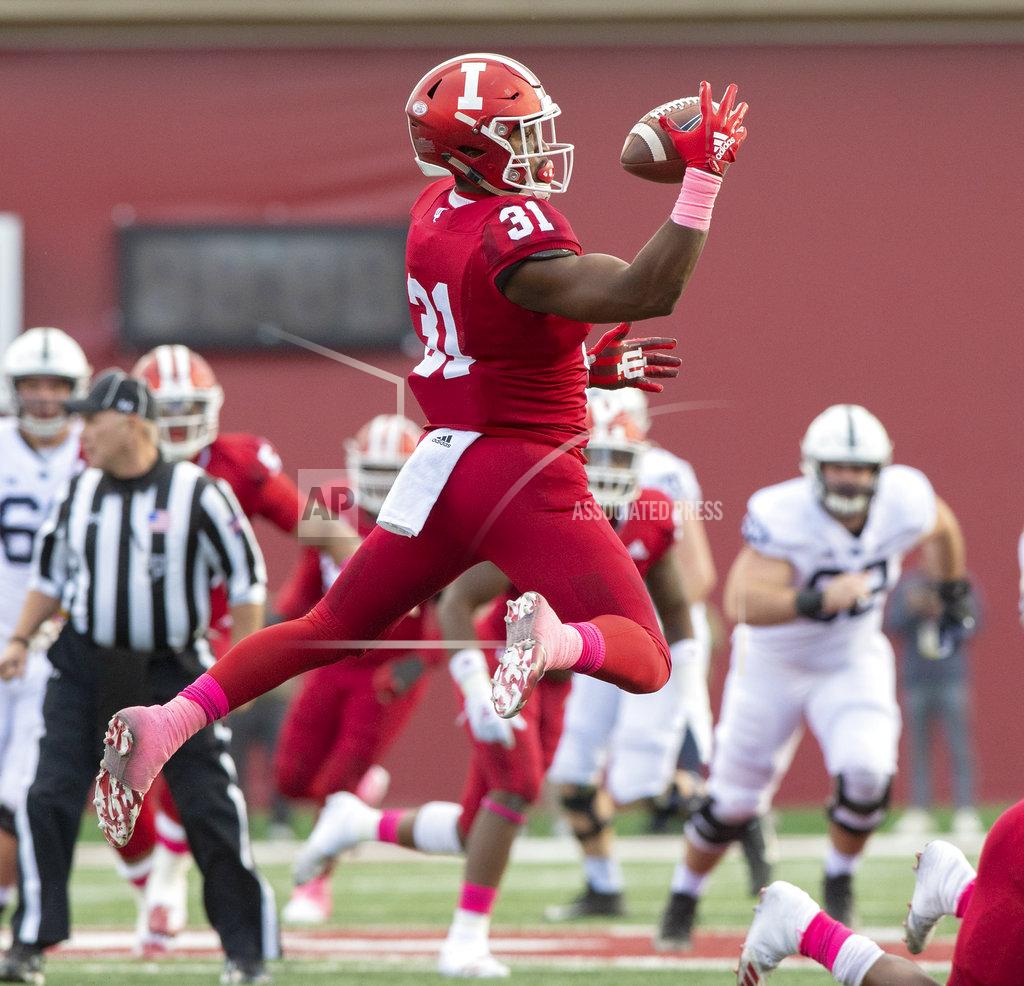 Doug Mcschooler Indiana defensive back Bryant Fitzgerald (31) grabs hold of a tipped ball for an interception during the first half of an NCAA college football game against Penn State Saturday, Oct. 20, 2018, in Bloomington, Ind. (AP Photo/Doug McSchooler)