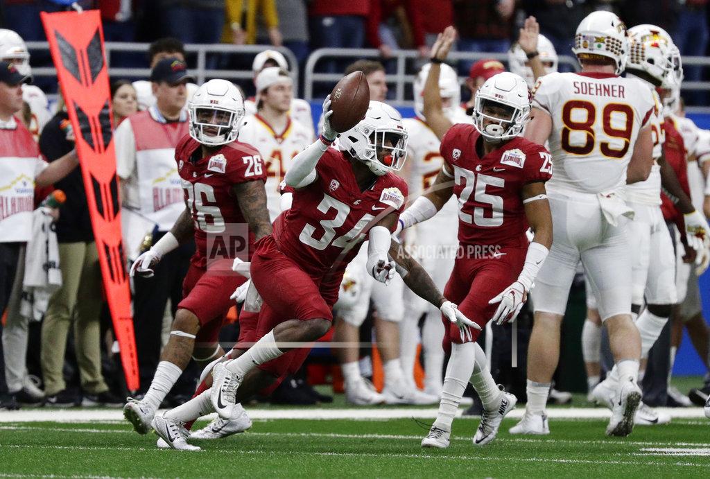 Eric Gay Washington State safety Jalen Thompson (34) celebrates after he intercepted an Iowa State pass during the the first half of the Alamo Bowl NCAA college football game Friday, Dec. 28, 2018, in San Antonio. (AP Photo/Eric Gay)