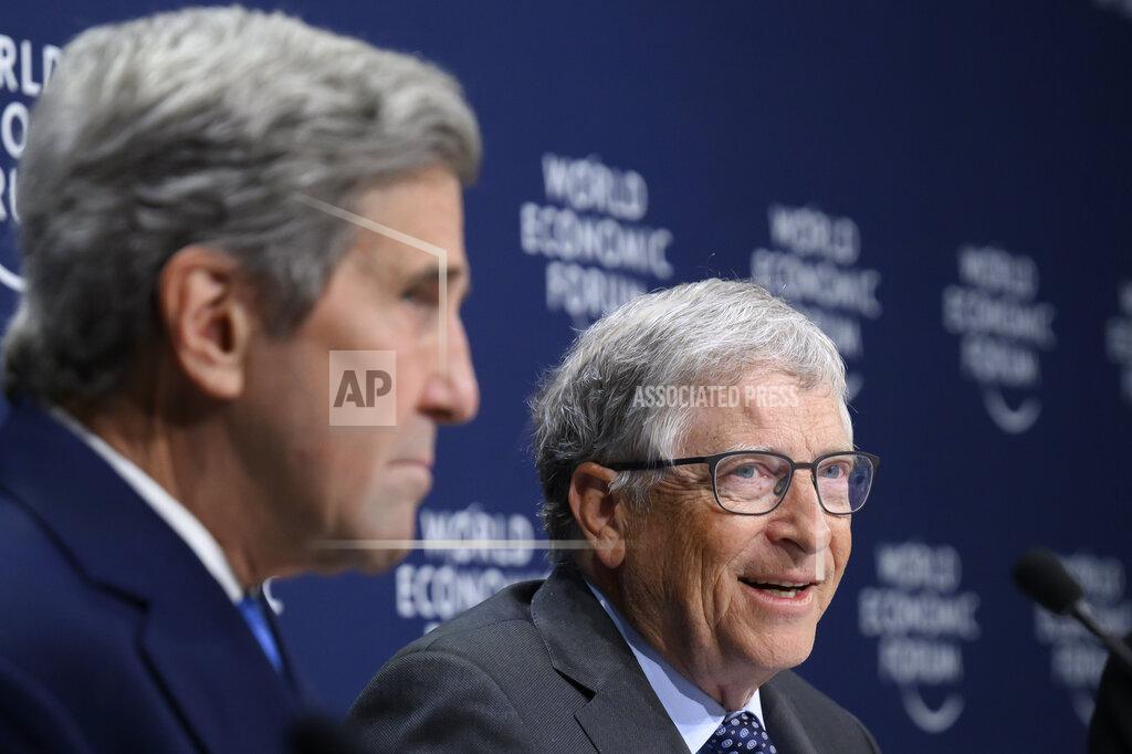 Gian Ehrenzeller John F. Kerry, Special Presidential Envoy for Climate of the United States of America, left, and William H. Gates, Co-Chair, Bill & Melinda Gates Foundation, USA, right, attend a Press Conference on First Movers Coalition Announce Expansion, during the 51st annual meeting of the World Economic Forum, WEF, in Davos, Switzerland, on Wednesday, May 25, 2022. The forum has been postponed due to the Covid-19 outbreak and was rescheduled to early summer. The meeting brings together entrepreneurs, scientists, corporate and political leaders in Davos under the topic "History at a Turning Point: Government Policies and Business Strategies" from 22 - 26 May 2022. (Gian Ehrenzeller/Keystone via AP)