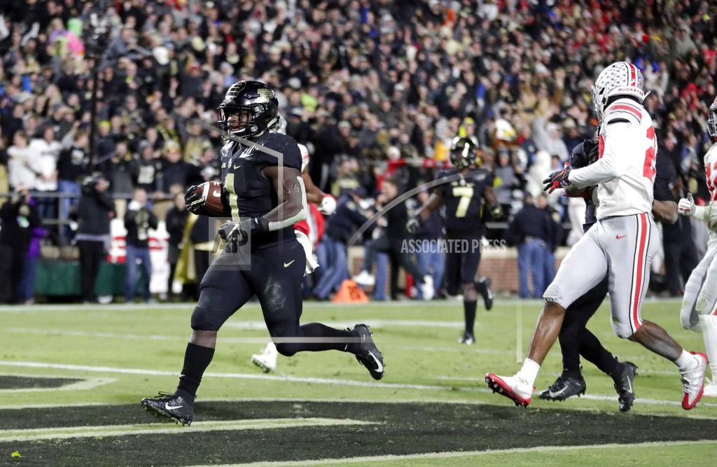 Michael Conroy Purdue running back D.J. Knox (1) scores a touchdown against Ohio State during the second half of an NCAA college football game in West Lafayette, Ind., Saturday, Oct. 20, 2018. Purdue defeated Ohio State 49-20. (AP Photo/Michael Conroy)