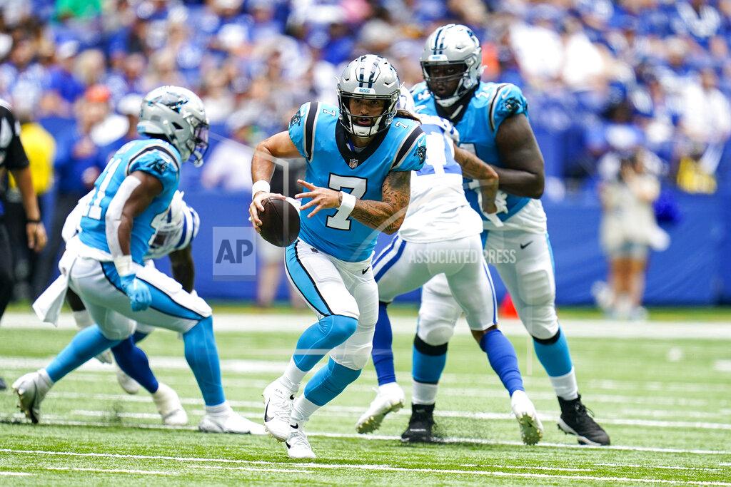 Michael Conroy Carolina Panthers quarterback Will Grier (7) scrambles against the Indianapolis Colts during the second half of an NFL exhibition football game in Indianapolis, Sunday, Aug. 15, 2021. (AP Photo/Michael Conroy)