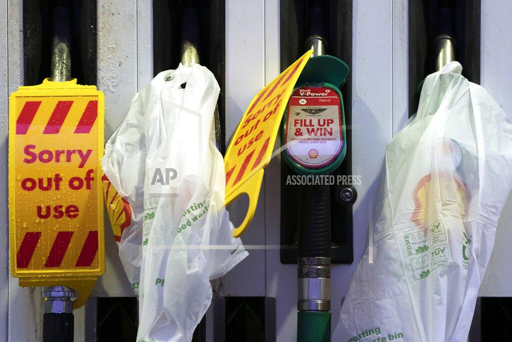 Jon Super Closed pumps are seen on the forecourt of a petrol station which has run out of fuel after an outbreak of panic buying in the UK, in Manchester, England, Monday, Sept. 27, 2021. British Prime Minister Boris Johnson is said to be considering whether to call in the army to deliver fuel to petrol stations as pumps ran dry after days of panic buying. ( AP Photo/Jon Super)