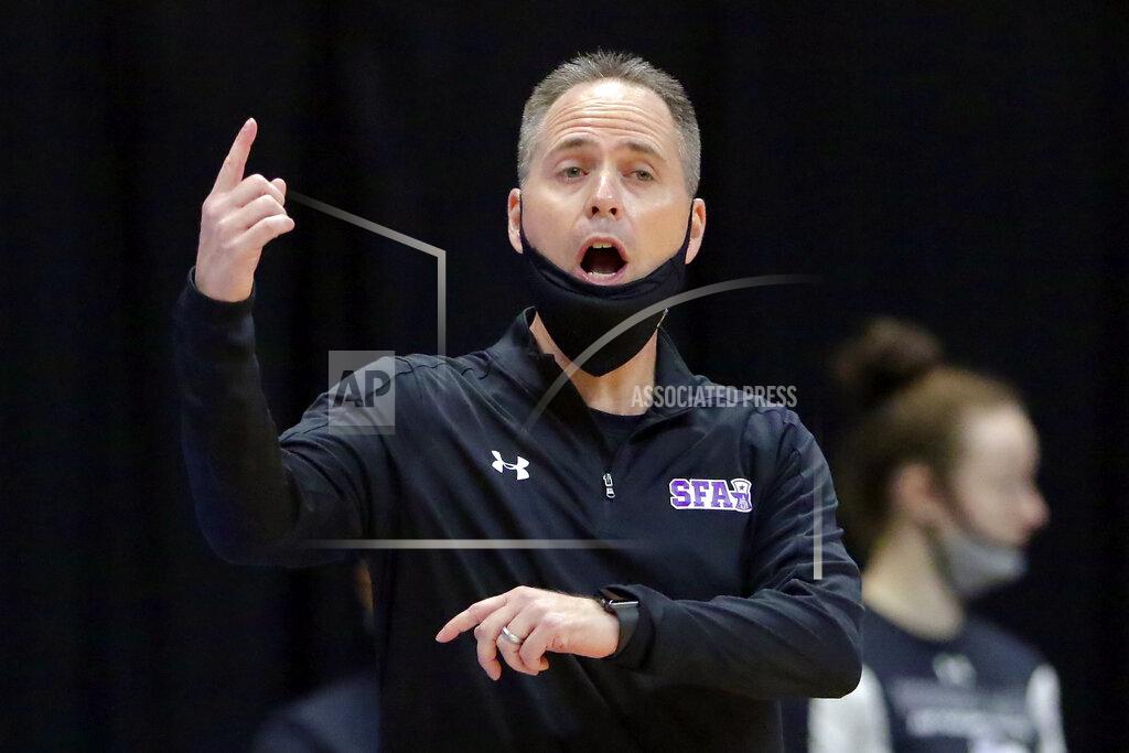 Michael Wyke Stephen F. Austin head coach Mark Kellogg during the first half of an NCAA college basketball game against Sam Houston State for the Southland Conference women's tournament championship Sunday, March 14, 2021, in Katy, Texas. (AP Photo/Michael Wyke)