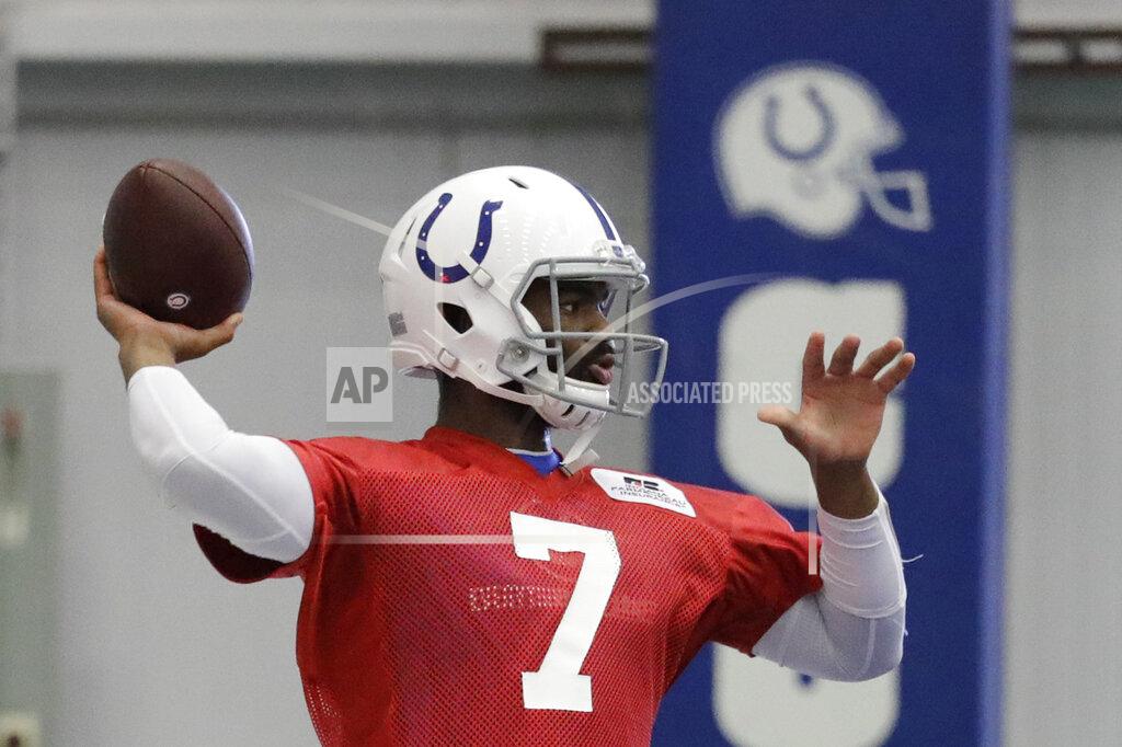 Darron Cummings Indianapolis Colts quarterback Jacoby Brissett throws during a practice at the team's NFL football training facility, Monday, Aug. 26, 2019, in Indianapolis. (AP Photo/Darron Cummings)