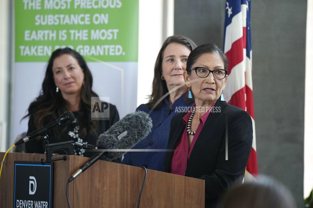 David Zalubowski Interior Secretary Deb Haaland responds to a question as Becky Mitchell, left, of the Colorado Water Conservation Board, and U.S. Rep Diana DeGette, D-Colo., look on during a news conference after Haaland's visit to talk about federal solutions to ease the effects of the drought at the offices of Denver Water, Thursday, July 22, 2021, in Denver. Haaland will make stops in two cities on Colorado's Western Slope as part of her trip to assess the effects of the drought on the Centennial State. (AP Photo/David Zalubowski)