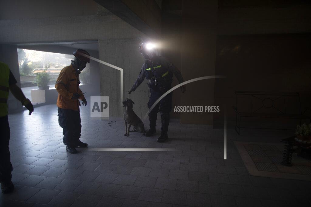 Ariana Cubillos Angels of the Road volunteer paramedic Jonathan Quantip, right center, calms a dog that became agitated after a parking lot car fire at residential building in Caracas, Venezuela, Monday, Feb. 8, 2021. Quantip, 44, said he and co-founder Zuly Rodiz launched the project two years ago after watching their country precipitously decline over years of political and social crisis. (AP Photo/Ariana Cubillos)