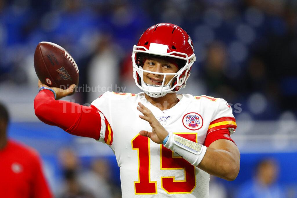 Kansas City Chiefs quarterback Patrick Mahomes throws during pregame of an NFL football game against the Detroit Lions, Sunday, Sept. 29, 2019, in Detroit. (AP Photo/Paul Sancya)