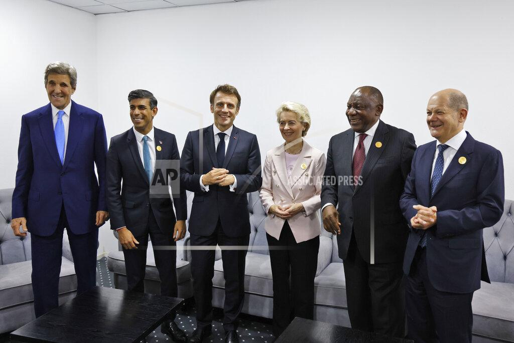 Ludovic Marin FILE - From left, US Special Presidential Envoy for Climate John Kerry, British Prime Minister Rishi Sunak, French President Emmanuel Macron, President of the European Commission Ursula von der Leyen, South African President Cyril Ramaphosa and German Chancellor Olaf Scholz meet on the sidelines of the COP27 climate summit in Sharm el-Sheikh, Egypt, Nov. 7, 2022. In his first month as Britain's prime minister, Rishi Sunak has stabilized the economy, reassured allies from Washington to Kyiv and even soothed the European Union after years of sparring between Britain and the bloc. (Ludovic Marin,/Pool via AP, File)