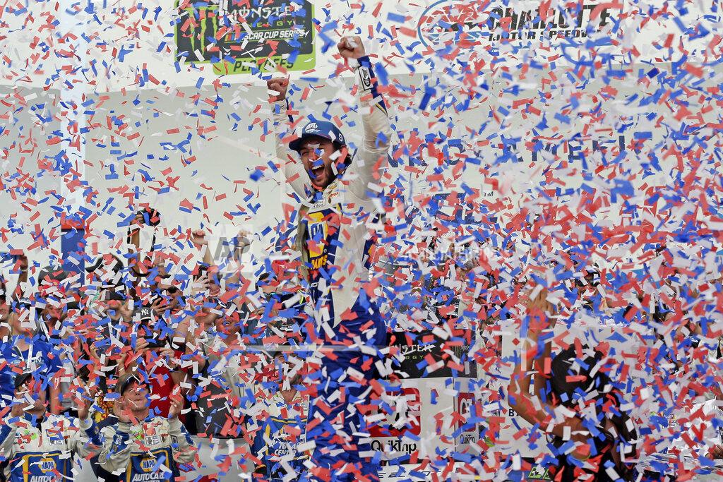 Gerry Broome Chase Elliott celebrates in victory lane after winning the NASCAR Cup Series auto race at Charlotte Motor Speedway in Concord, N.C., Sunday, Sept. 29, 2019. (AP Photo/Gerry Broome)