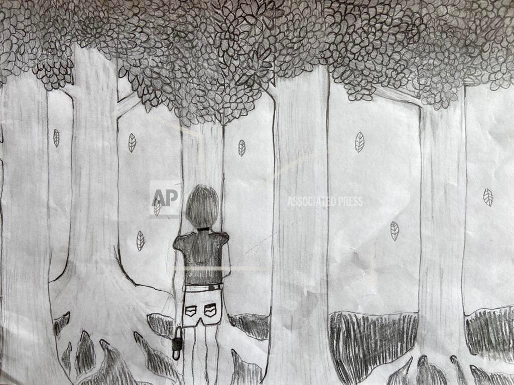 Niki Jolene Berghamre-Davis This April 30, 2020 photo shows a drawing by Niki Jolene Berghamre-Davis, 11, of Port Melbourne, Australia. Niki says the drawing is a self-portrait, showing her facing the forest and the future, while holding a mask so that she is prepared. She says the leaves represent those who've died from the coronavirus, while the tree roots represent "possibility." A big fan of nature, Niki is hopeful that the shutdowns are teaching the world how to live in ways that will help the environment. (Niki Jolene Berghamre-Davis via AP)