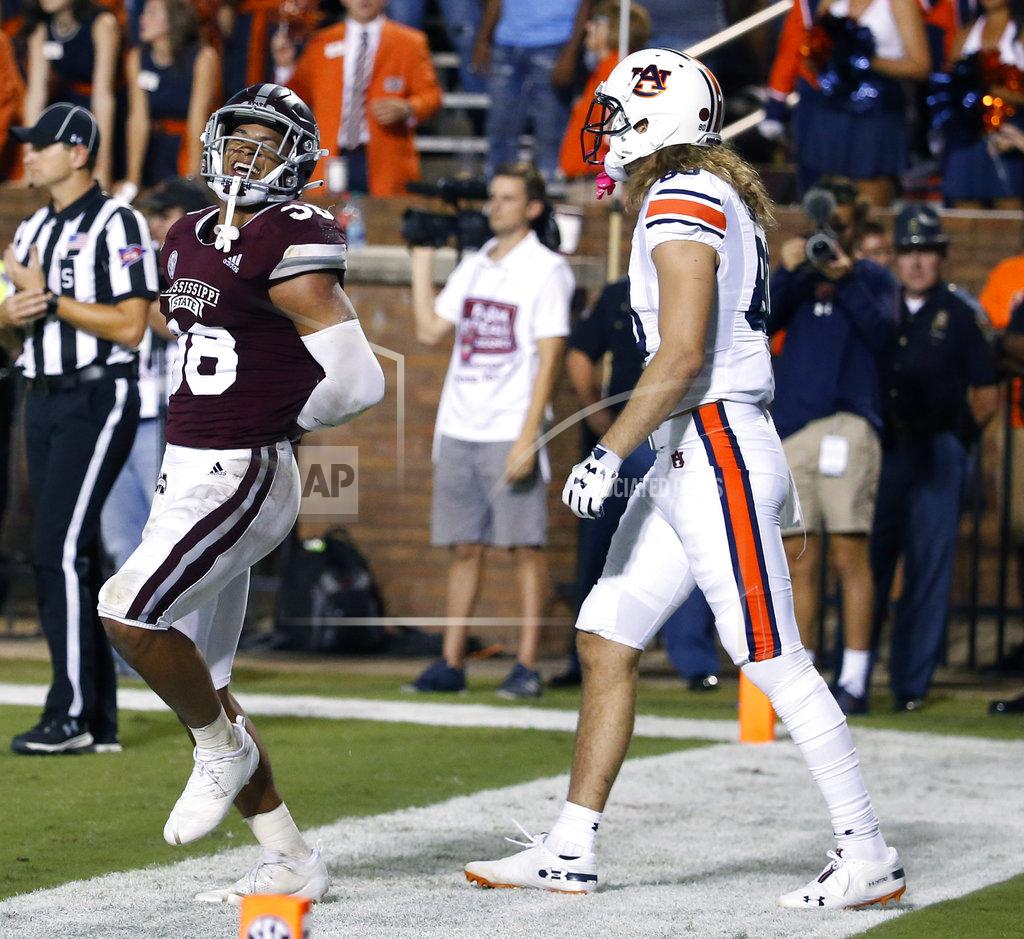 Rogelio V. Solis Mississippi State safety Johnathan Abram (38) taunts Auburn tight end Sal Cannella (80) after breaking up a pass during the second half of their NCAA college football game in Starkville, Miss., Saturday, Oct. 6, 2018. Mississippi State won 23-9. (AP Photo/Rogelio V. Solis)