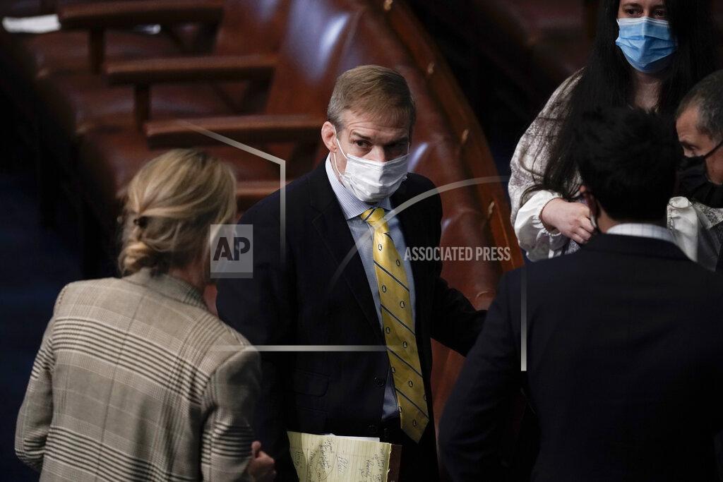 J. Scott Applewhite Rep. Jim Jordan, R-Ohio, talks with others after the U.S. House voted to impeach President Donald Trump in Washington, Wednesday, Jan. 13, 2021. Trump is charged with "incitement of insurrection" over the deadly mob siege of the Capitol in a swift and stunning collapse of his final days in office.(AP Photo/J. Scott Applewhite)