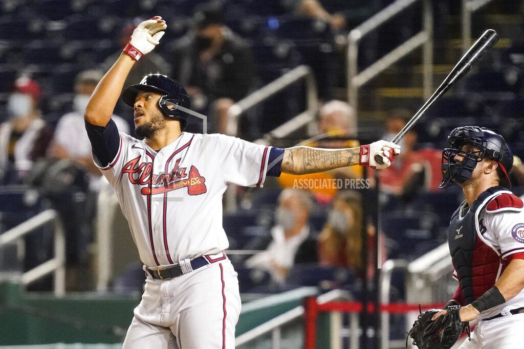 Alex Brandon Atlanta Braves' Huascar Ynoa watches his grand slam during the sixth inning of baseball game against the Washington Nationals at Nationals Park, Tuesday, May 4, 2021, in Washington. (AP Photo/Alex Brandon)