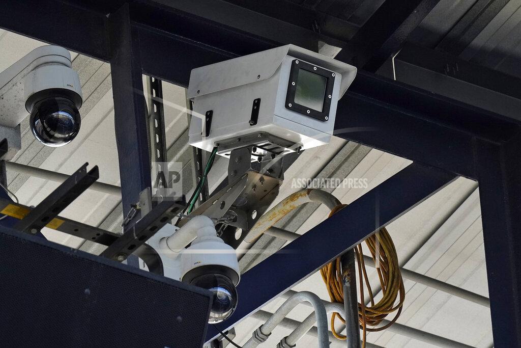 Chris O'meara One of the cameras used for automatic balls and strike calls is shown during the first inning of a Low A Southeast league baseball game between the Dunedin Blue Jays and the Tampa Tarpons at George M. Steinbrenner Field Tuesday, May 4, 2021, in Tampa, Fla. The game is one of the first in the league to use automatic calls. (AP Photo/Chris O'Meara)