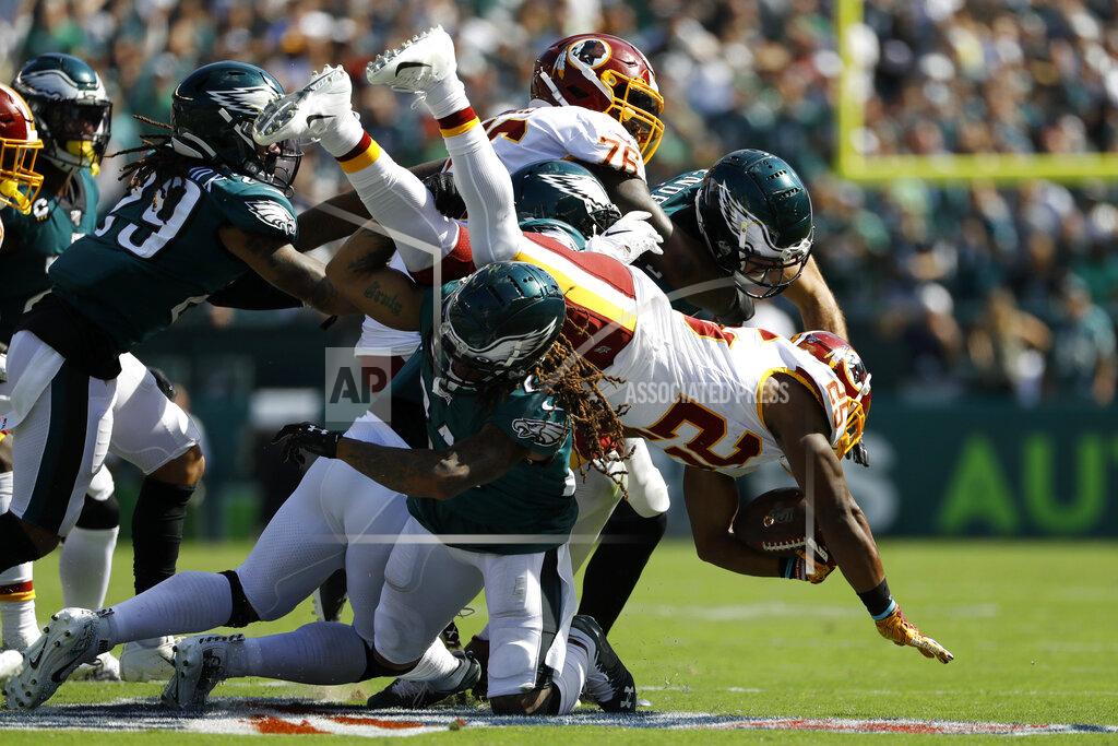 Michael Perez Washington Redskins' Chris Thompson (25) is tackled by Philadelphia Eagles' Ronald Darby (21) during the second half of an NFL football game Sunday, Sept. 8, 2019, in Philadelphia. (AP Photo/Michael Perez)