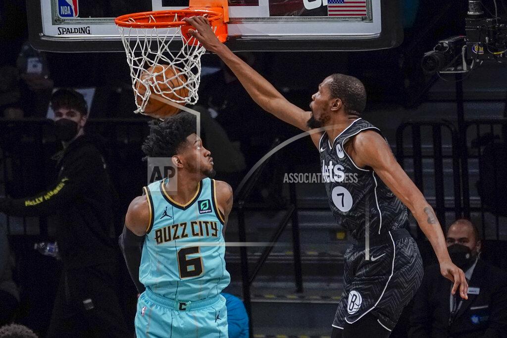 Mary Altaffer Brooklyn Nets forward Kevin Durant (7) goes to the basket past Charlotte Hornets forward Jalen McDaniels (6) during the second half of an NBA basketball game Friday, April 16, 2021, in New York. (AP Photo/Mary Altaffer)