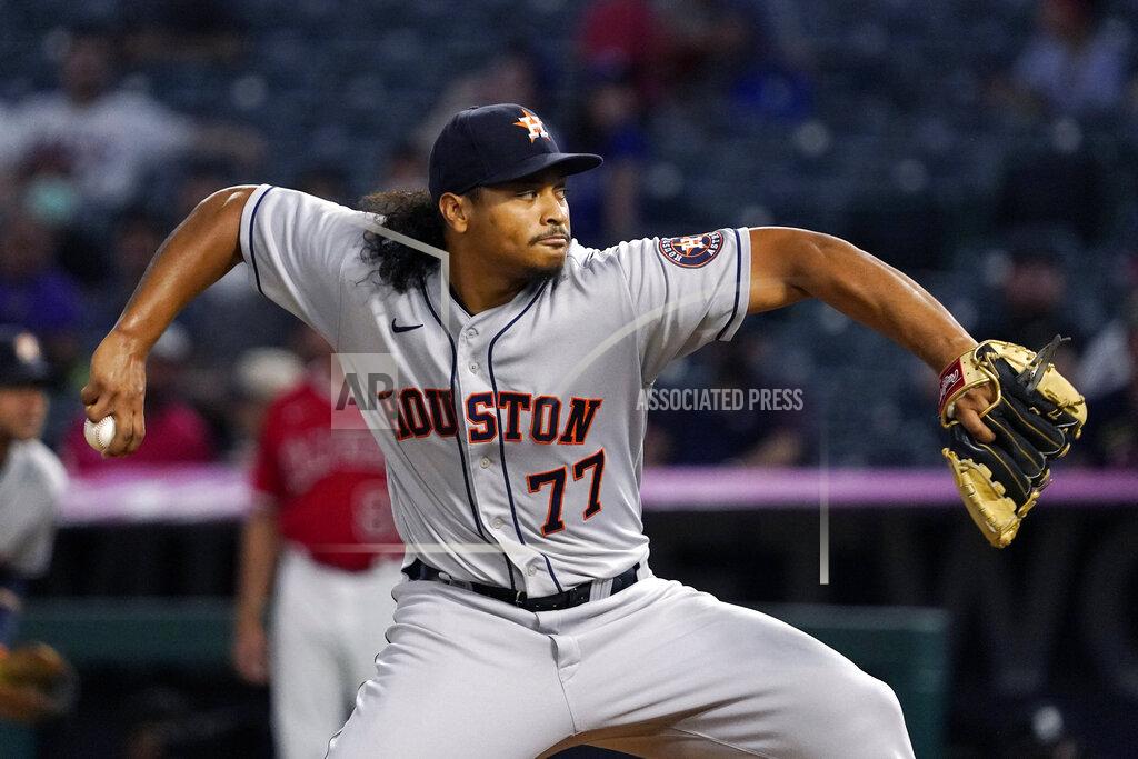 Mark J. Terrill Houston Astros starting pitcher Luis Garcia throws to the plate during the first inning of a baseball game against the Los Angeles Angels Wednesday, Sept. 22, 2021, in Anaheim, Calif. (AP Photo/Mark J. Terrill)