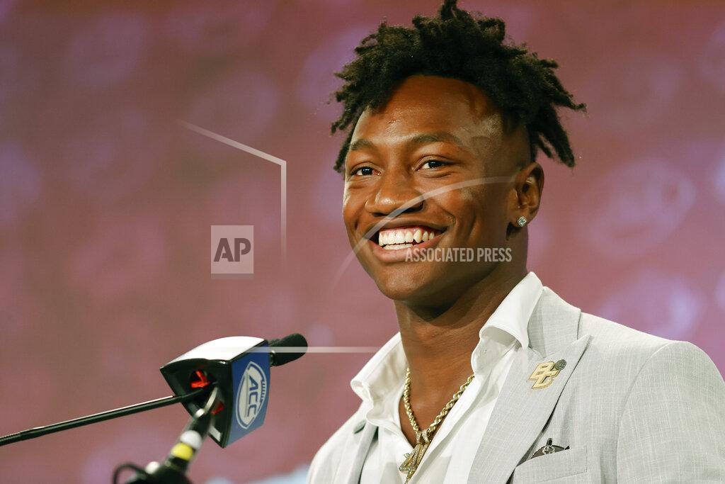 Nell Redmond Boston College wide receiver Zay Flowers answers a question at the NCAA college football Atlantic Coast Conference Media Days in Charlotte, N.C., Wednesday, July 20, 2022. (AP Photo/Nell Redmond)