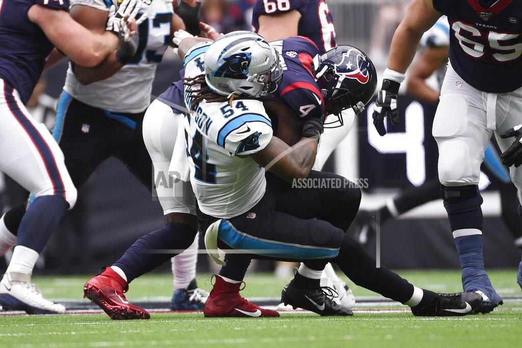 Eric Christian Smith Houston Texans quarterback Deshaun Watson (4) is sacked by Carolina Panthers outside linebacker Shaq Thompson (54) during the first half of an NFL football game Sunday, Sept. 29, 2019, in Houston. (AP Photo/Eric Christian Smith)