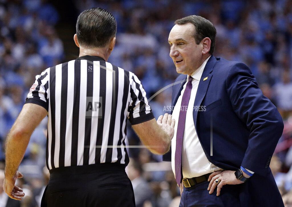 Gerry Broome Duke coach Mike Krzyzewski speaks with an official during the second half of the team's NCAA college basketball game against North Carolina in Chapel Hill, N.C., Saturday, March 9, 2019. North Carolina won 79-70. (AP Photo/Gerry Broome)